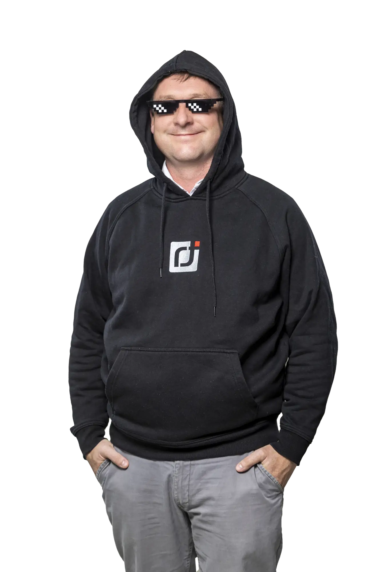 Cubert hyperspectral man in black hoodie and pixelated glasses